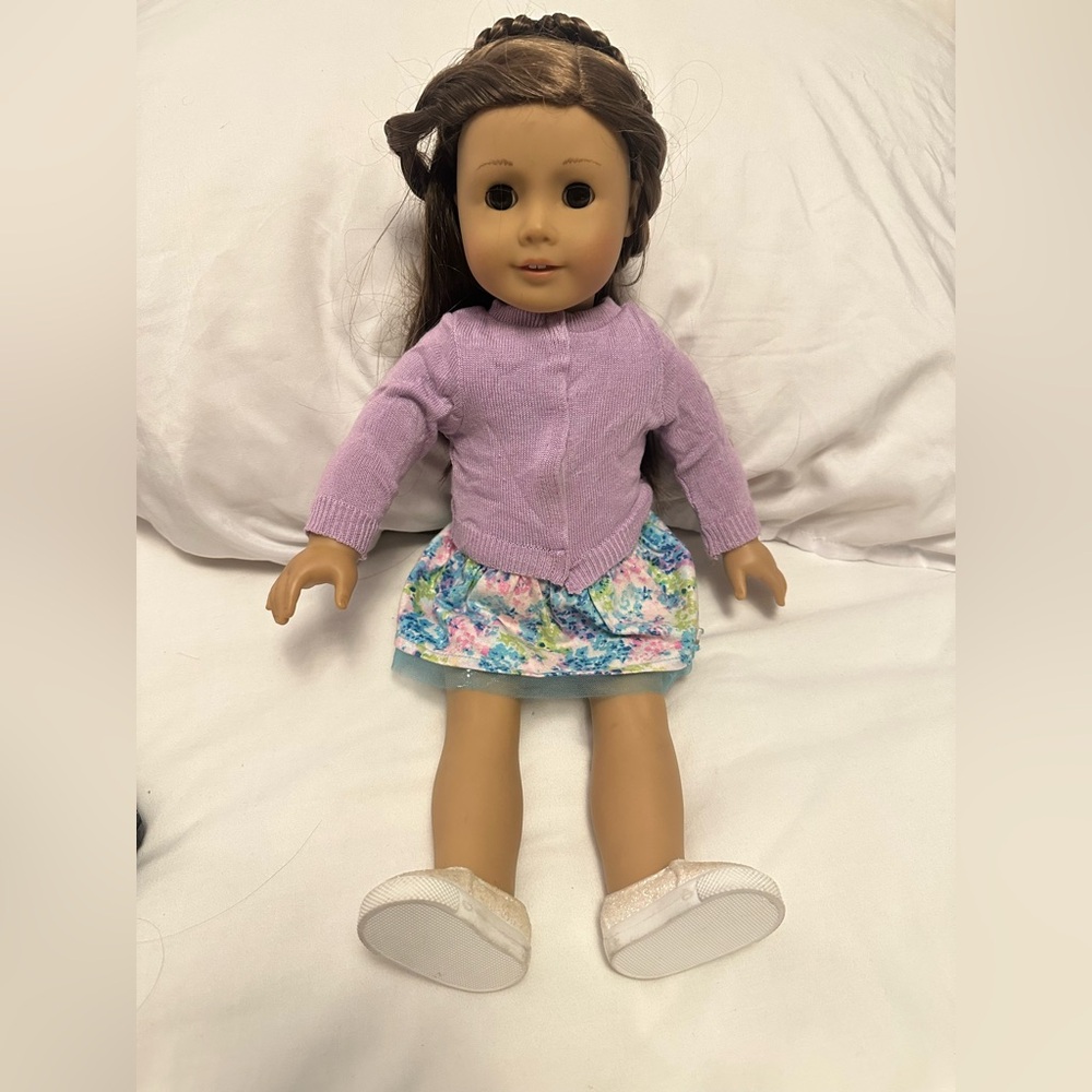 American Girl Doll with Cardigan Sweater and Floral Dress